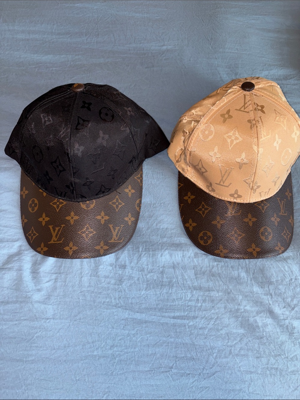 Louis Vuitton Monogram Peak Caps in Black and Beige with LV Canvas Brims